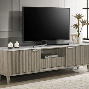 Driftwood TV stand with textured doors and center media shelf