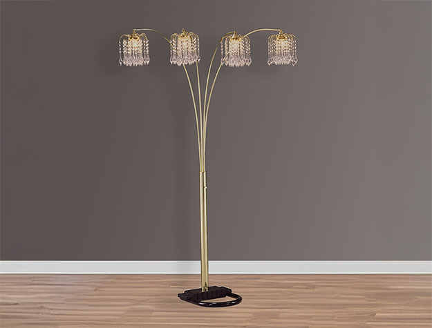 Gold rain drop arc floor lamp with crystal-style hanging shades