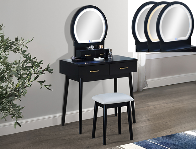 Cecilia black vanity table and stool set with LED lighted mirror and drawers