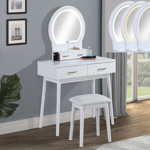 Cecilia white vanity table and stool set with LED lighted mirror and drawers