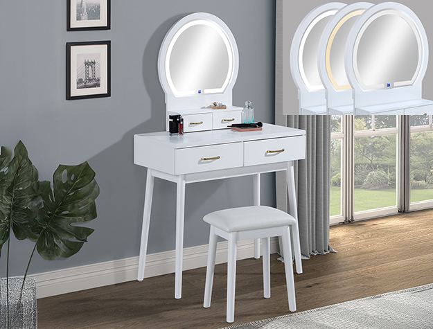 Cecilia white vanity table and stool set with LED lighted mirror and drawers