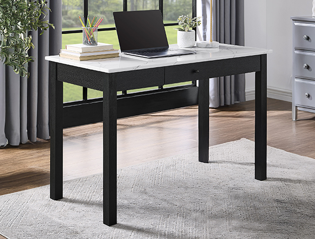 Black writing desk with faux marble top and drawer