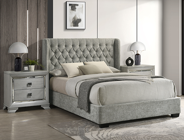 DAPHNE light grey tufted upholstered bed with tall headboard