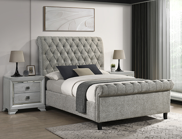 KATE light grey tweed tufted platform bed with rolled footboard