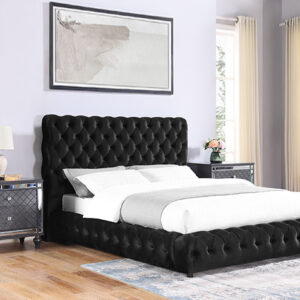 Luxury black tufted upholstered bed frame with deep diamond tufting and modern bedroom design