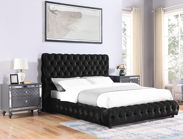 Luxury black tufted upholstered bed frame with deep diamond tufting and modern bedroom design