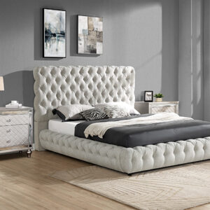 Dove gray tufted upholstered bed frame with deep diamond tufting and modern luxury bedroom design