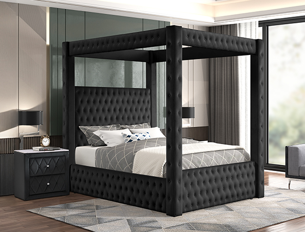 Black tufted canopy bed frame with upholstered posts and luxury modern bedroom design