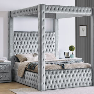 Gray tufted canopy bed frame with upholstered posts and modern luxury bedroom design