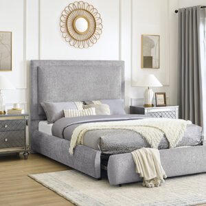 Light gray upholstered bed frame with built-in storage drawers in modern bedroom
