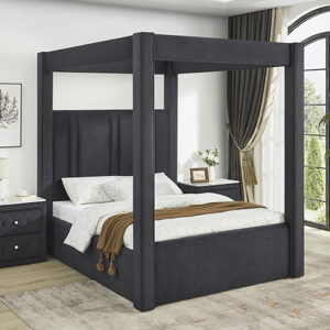 Black upholstered canopy bed frame with modern clean-line design in contemporary bedroom