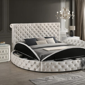 Ivory tufted upholstered bed frame with lift-up storage base in luxury bedroom