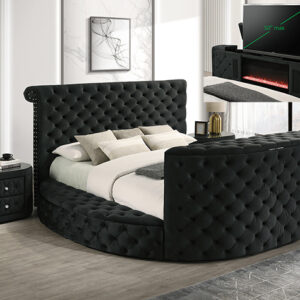 Black tufted upholstered bed frame with built-in fireplace and hidden TV lift system