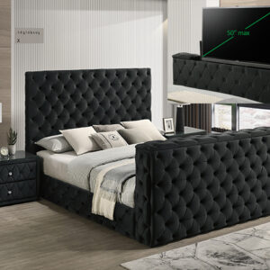 Black tufted upholstered bed frame with hidden TV lift system in modern bedroom