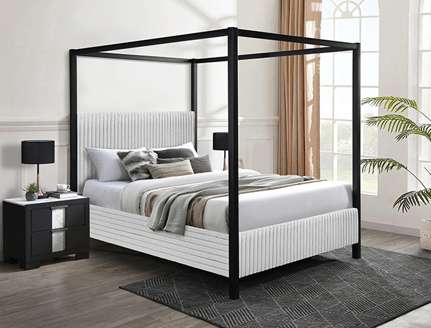 Light gray modern canopy bed frame with clean minimalist design in contemporary bedroom