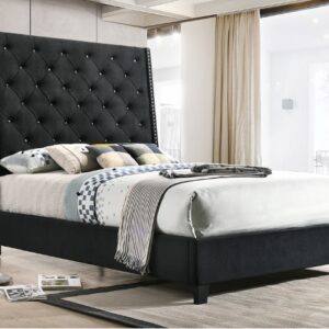 Black tufted upholstered bed frame with tall button-tufted headboard in modern luxury bedroom