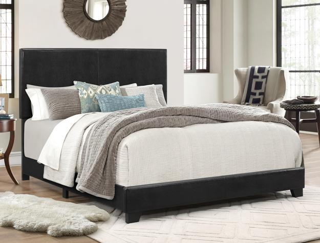 Black PU upholstered platform bed frame with clean modern design in bedroom