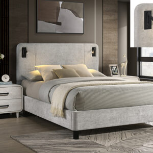 Light gray upholstered bed frame with built-in LED reading lights in modern bedroom