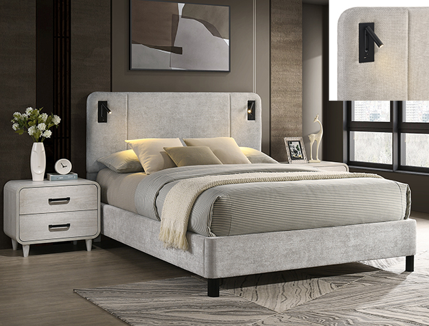 Light gray upholstered bed frame with built-in LED reading lights in modern bedroom