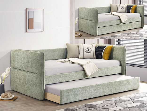 PHILIPA green upholstered daybed with pull-out trundle