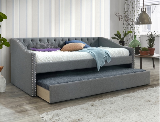 LORETTA tufted upholstered daybed with trundle and nailhead trim