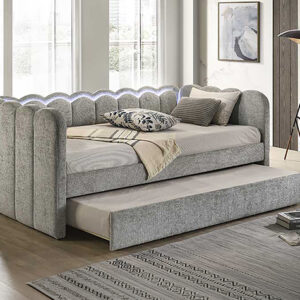 MELODY light grey upholstered daybed with scalloped back and pull-out trundle
