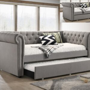 ELLIE dove gray tufted upholstered daybed with trundle and nailhead trim