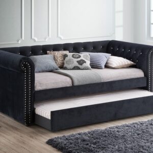 ELLIE black tufted upholstered daybed with trundle and nailhead trim