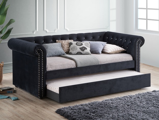 ELLIE black tufted upholstered daybed with trundle and nailhead trim