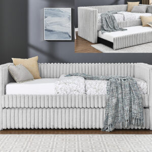 HAILEY light grey channel tufted upholstered daybed with trundle
