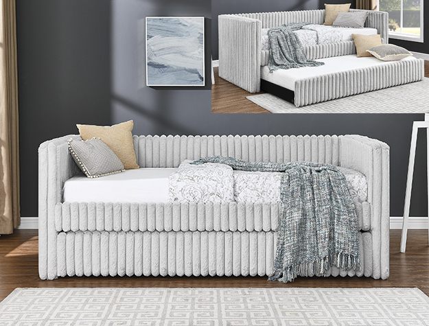 HAILEY light grey channel tufted upholstered daybed with trundle