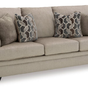 Beige queen sleeper sofa with accent pillows and modern track arms