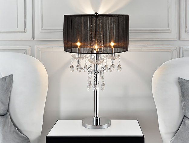 Chandelier-style table touch lamp with crystal drops and black shade