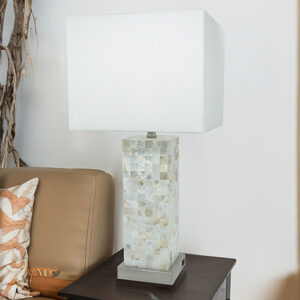 Modern table lamp with square white shade and textured geometric base