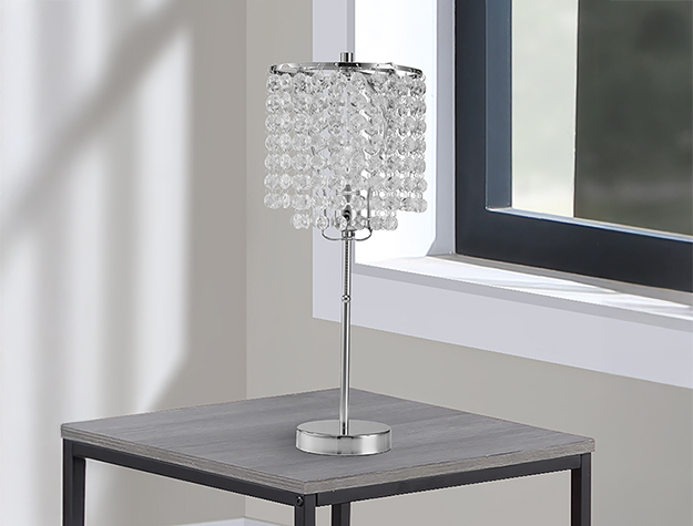 Chrome table lamp with crystal beaded shade on modern metal base