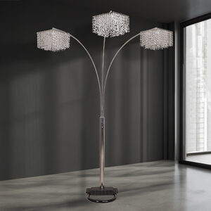 Silver arc floor lamp with three crystal shades and modern base