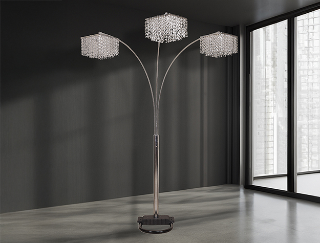 Silver arc floor lamp with three crystal shades and modern base