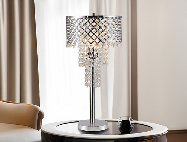 Chrome table lamp with crystal strands and mesh shade