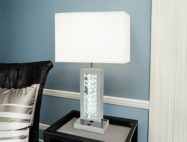 Modern chrome LED accent table lamp with illuminated interior