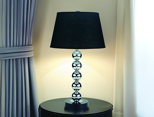 Chrome sphere table lamp with black fabric shade