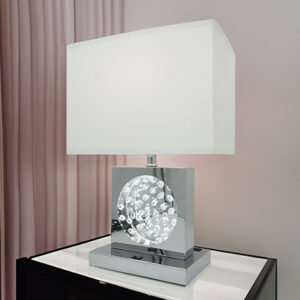 Chrome LED accent table lamp with crystal center and white rectangular shade
