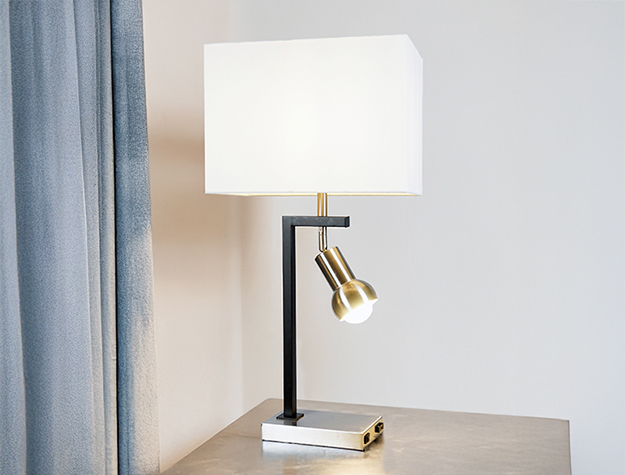 Modern table lamp with rectangular shade and adjustable metal reading light