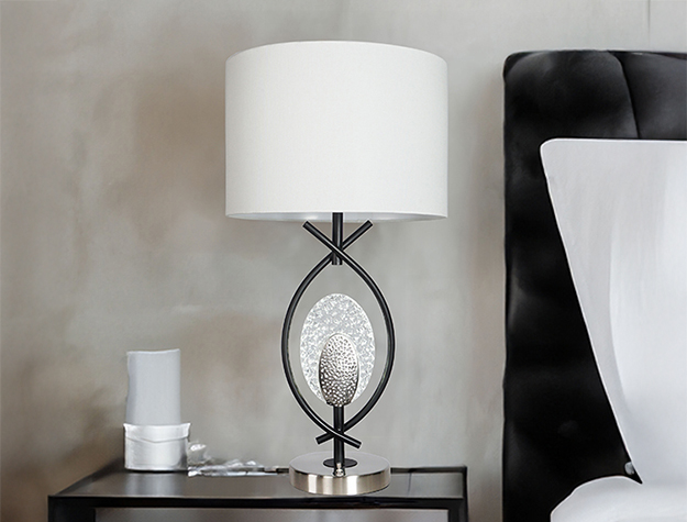 Modern table lamp with white drum shade and crystal accent centerpiece