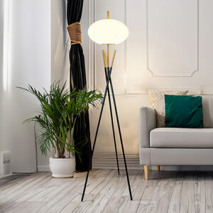 Modern tripod floor lamp with minimalist metal frame and soft shade