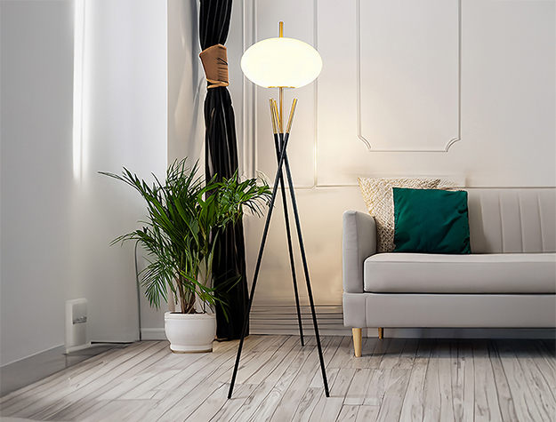 Modern tripod floor lamp with minimalist metal frame and soft shade