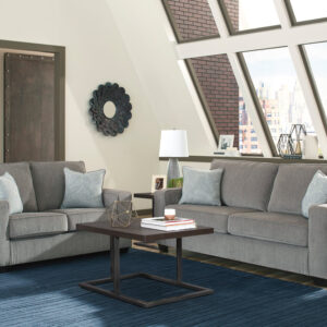 Modern alloy gray sofa and loveseat set with soft fabric upholstery and decorative accent pillows