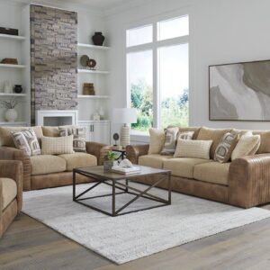 916 Camel Combo sofa and loveseat set with two-tone camel upholstery, plush cushions, and modern accent pillows in a bright living room