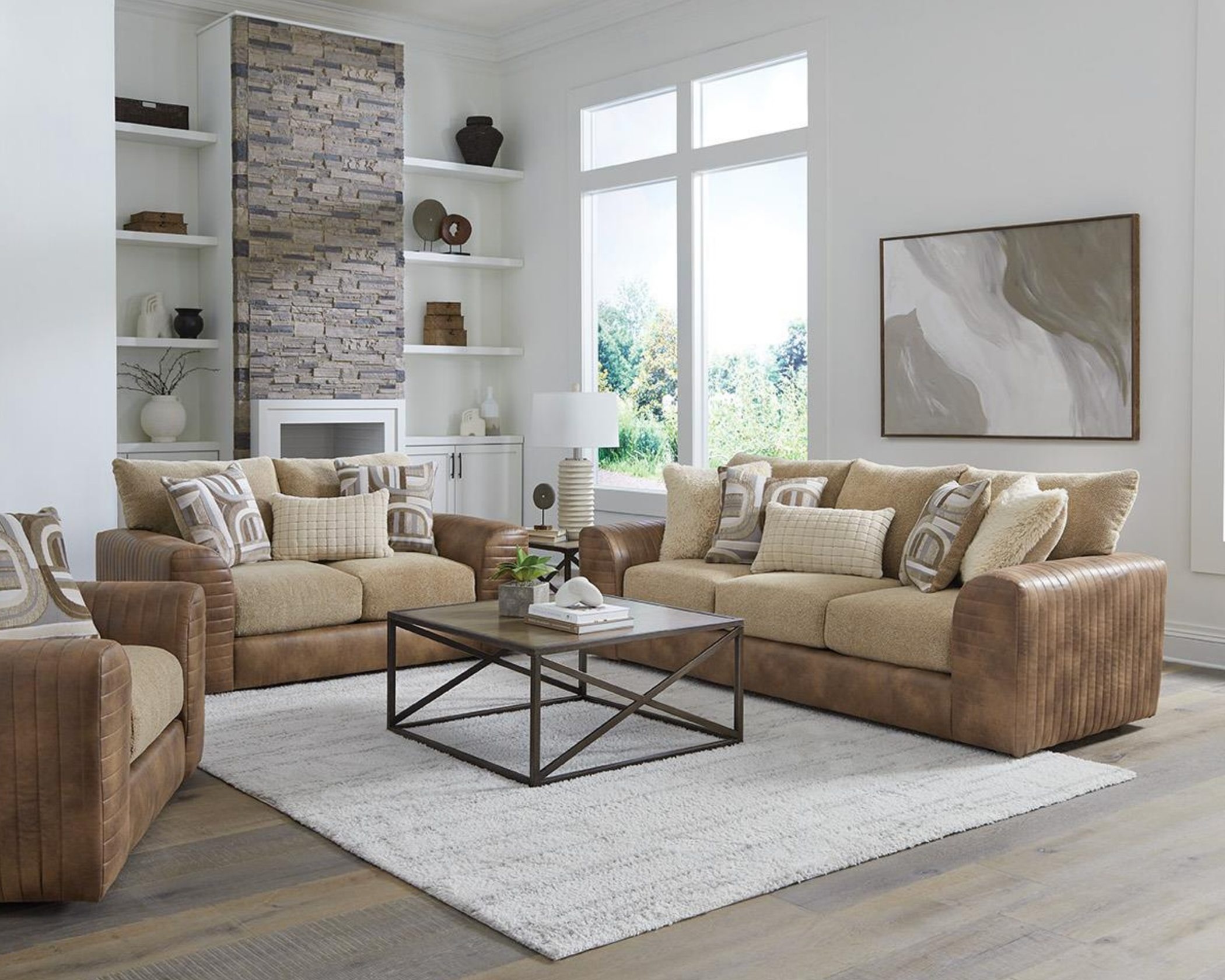 916 Camel Combo sofa and loveseat set with two-tone camel upholstery, plush cushions, and modern accent pillows in a bright living room