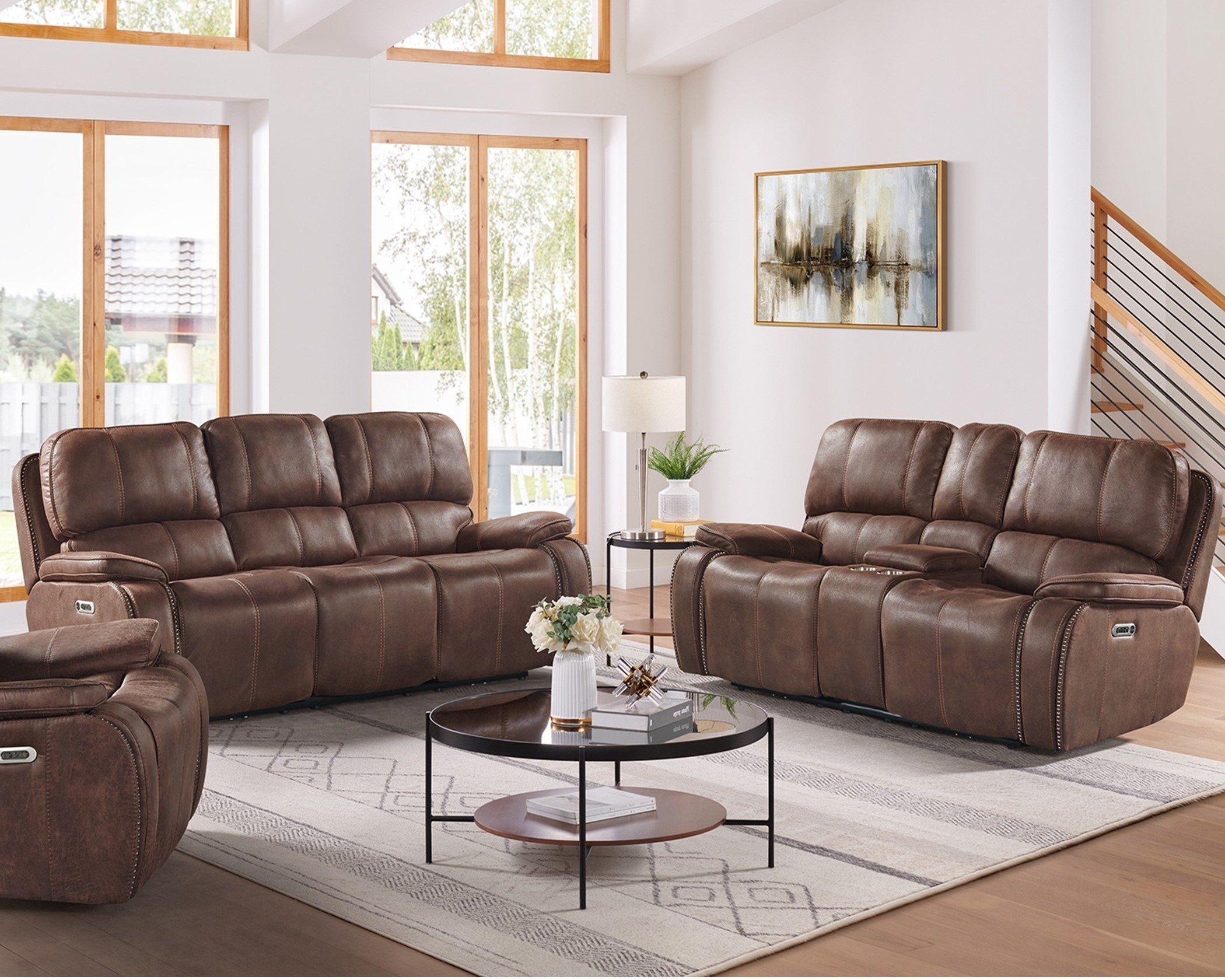 Atlantis Heritage Brown reclining living room set with sofa, loveseat, and recliner