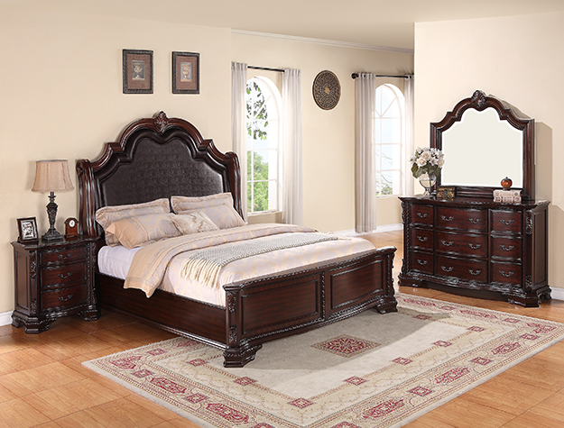 Crown Mark B1100 dark cherry wood bedroom set with bed, dresser, mirror, and nightstand